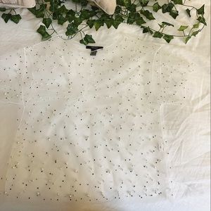 Mesh short sleeve top with gem and pearly details
